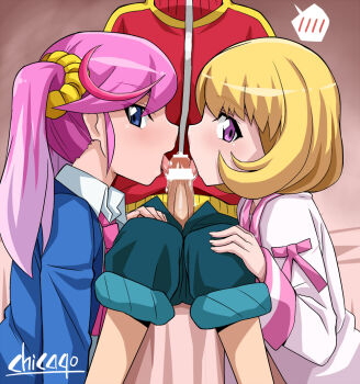 1boy 2girls artist_name bar_censor blonde_hair blue_eyes bob_cut censored chicago-x cooperative_fellatio digimon digimon_universe:_appli_monsters erection eyebrows fellatio ffm_threesome group_sex head_out_of_frame hetero jacket karan_eri kashiki_ai kodomo_doushi licking loli long_hair long_sleeves looking_at_viewer multicolored_hair multiple_girls open_mouth oral pants pants_rolled_up penis pink_hair pointless_censoring purple_eyes purple_hair saliva scrunchie shinkai_haru shiny_skin short_hair shota sitting teamwork_(sexual) threesome tongue tongue_out track_jacket