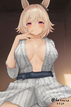 Rule 34 | 1girl, absurdres, animal ears, artist name, bath yukata, black sash, blush, bow, breasts, cleavage, closed mouth, collarbone, commentary request, curren chan (umamusume), ear bow, grey hair, grey kimono, hair between eyes, highres, honoaka, horse ears, horse girl, indoors, japanese clothes, kimono, large breasts, looking at viewer, pink eyes, sash, smile, umamusume, yukata