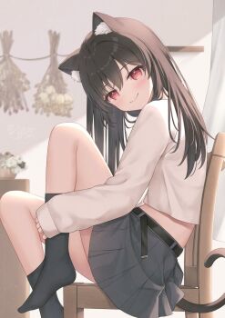 1girl animal_ear_fluff animal_ears belt black_belt black_hair black_socks cat_ears cat_girl cat_tail chair closed_mouth commentary_request curtains feet_out_of_frame from_side grey_skirt highres indoors kinakon knees_up long_hair long_sleeves looking_at_viewer looking_to_the_side midriff no_shoes on_chair original pleated_skirt puffy_long_sleeves puffy_sleeves red_eyes shirt sitting skirt sleeves_past_wrists smile socks solo tail white_shirt