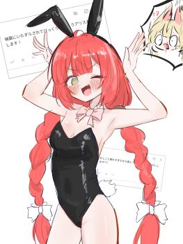 !? 2girls absurdres alice_thymefield alternate_costume animal_ear_fluff animal_ear_hairband animal_ears armpits black_leotard blonde_hair blood blush braid braided_twintails breasts cleavage commentary_request covered_navel cowboy_shot detached_collar fake_animal_ears fake_tail green_eyes hairband highres implied_yuri kesiutu leotard long_hair looking_at_viewer medium_breasts multiple_girls nosebleed one_eye_closed open_mouth playboy_bunny rabbit_ear_hairband rabbit_ears rabbit_girl rabbit_pose rabbit_tail red_hair simple_background spoken_character strapless strapless_leotard tail ukinami_yuzuha white_background zenless_zone_zero