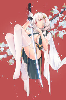 1girl azur_lane branch breasts closed_mouth expressionless floating gloves highres holding holding_sword holding_weapon katana kharu11 large_breasts red_background red_eyes sirius_(azur_lane) solo sword thighhighs weapon white_gloves white_hair white_thighhighs