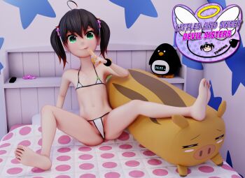 1girl 3d absurdres barefoot bikini black_hair female_focus full_body highres huge_filesize incest indoors loli looking_at_viewer micro_bikini partially_visible_vulva shiro_orochi sister sitting soles solo spread_legs swimsuit tagme tan tanline toes twintails