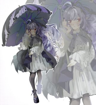 Rule 34 | 1girl, ahoge, ascot, black pantyhose, blush, bow, bowtie, closed mouth, dress, drill hair, full body, gem, hairband, hashtag-only commentary, highres, holding, holding umbrella, ian (2uaiueo), long hair, mole, mole under eye, pantyhose, pointy ears, purple ascot, purple bow, purple bowtie, purple gem, purple hair, purple hairband, purple shoes, purple umbrella, red eyes, shoes, shrug (clothing), solo, umbrella, vivian banshee, white dress, white shrug, zenless zone zero