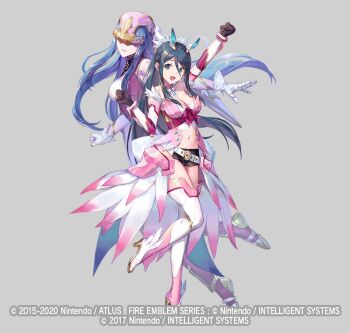 1girl azu-taro belt blue_eyes blue_hair boots breasts caeda_(fire_emblem) choker cleavage fire_emblem fire_emblem_heroes full_body gloves grey_background hair_ornament helmet high_heel_boots high_heels large_breasts long_hair midriff navel nintendo official_art open_mouth oribe_tsubasa ponytail thigh_boots thighhighs tokyo_mirage_sessions_fe zettai_ryouiki