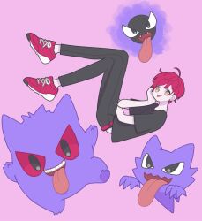 Rule 34 | 1boy, black pants, black shirt, brown eyes, commentary, creatures (company), crossover, full body, game freak, gastly, gen 1 pokemon, gengar, hand on own cheek, hand on own face, hand up, haunter, highres, ikebukuro ace, king of prism, looking at viewer, male focus, nintendo, nyaasechan, pants, pink background, pokemon, pokemon (creature), pretty rhythm, pretty series, red footwear, red hair, shirt, shoes, short hair, simple background, smile, sneakers, solo, symbol-only commentary, t-shirt