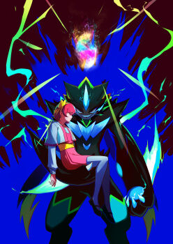 1girl absurdres aged_up black_shoes bow carrying claws closed_eyes closed_mouth commentary_request dress gen_7_pokemon hair_bow highres jacket jcstr legendary_pokemon margo_(pokemon) mega_pokemon mega_zeraora mythical_pokemon nintendo open_clothes open_jacket pantyhose pink_dress pink_hair pokemon pokemon_(anime) pokemon_(creature) pokemon_the_movie:_the_power_of_us shoes short_hair yellow_bow zeraora