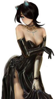 1girl animal_ears black_hair blue_eyes breasts cat_ears cyborg dress erina_makina hair_over_one_eye mn374390 phase_connect prosthesis prosthetic_arm tagme virtual_youtuber