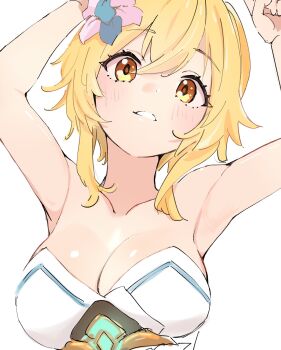 1girl armpits arms_up bare_shoulders blonde_hair breasts cleavage commentary double-parted_bangs dress flower genshin_impact grin hair_flower hair_ornament highres large_breasts looking_at_viewer lumine_(genshin_impact) medium_hair orange_eyes pink_flower smile solo strapless strapless_dress ukitamilk white_dress