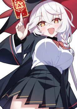 +_+ 1girl :d black_hat black_robe black_skirt blue_archive blush bow bowtie braid breasts buttons card commentary_request cowboy_shot crossed_bangs diagonal-striped_bow diagonal-striped_bowtie diagonal-striped_clothes dress_shirt eri_(blue_archive) excited eyelashes eyes_visible_through_hair from_below grey_hair hair_between_eyes hand_up hat holding holding_card jewelry large_breasts light_particles long_hair long_sleeves looking_at_viewer miniskirt multiple_rings nanoyo open_clothes open_mouth open_robe orange_eyes paid_reward_available pleated_skirt red_bow red_bowtie ring robe school_uniform shirt simple_background single_braid skirt smile solo striped_bow striped_bowtie striped_clothes tarot tarot_card tsurime two-sided_fabric two-sided_headwear white_background white_shirt wide_sleeves witch witch_hat