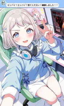 1girl absurdres blue_eyes blue_jacket blue_ribbon blush chair commentary_request controller crouching_start from_above gakuen_idolmaster game_controller gaming_chair grey_hair hair_ribbon headphones headphones_around_neck highres idolmaster indoors jacket katsuragi_lilja long_sleeves looking_at_viewer loose_socks monitor multiple_monitors on_chair open_mouth ribbon selfie short_hair shorts sitting smile socks solo swivel_chair track_jacket translation_request v v-shaped_eyebrows white_shorts white_socks