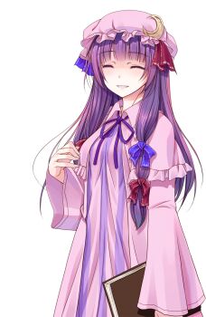 Rule 34 | 1girl, blue bow, book, bow, breasts, closed eyes, commentary request, cowboy shot, crescent, crescent hat ornament, crote, dress, hair bow, hand up, hat, hat ornament, highres, holding, holding book, large variant set, long hair, long sleeves, mob cap, neck ribbon, patchouli knowledge, pink hat, pink robe, purple hair, purple ribbon, red bow, ribbon, robe, smile, solo, striped clothes, striped dress, tachi-e, teeth, touhou, transparent background, variant set, vertical-striped clothes, vertical-striped dress