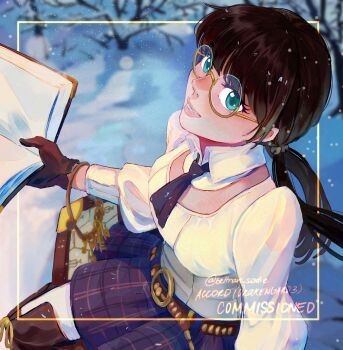 1girl accord bare_tree bell belt beltran_sadie black_gloves black_hair black_necktie black_skirt book boots breasts brown_belt brown_boots character_name commentary commission copyright_name detached_collar drag-on_dragoon drag-on_dragoon_3 english_commentary glasses gloves green_eyes hair_bell hair_ornament highres holding holding_book key long_hair long_sleeves looking_at_viewer low_twintails medium_breasts necktie open_book outdoors pantyhose parted_lips plaid_clothes plaid_skirt round_eyewear semi-rimless_eyewear shirt short_necktie sitting skirt smile snow snowing solo square-end_necktie thigh_boots tree twintails twitter_username under-rim_eyewear white_pantyhose white_shirt yellow-framed_eyewear