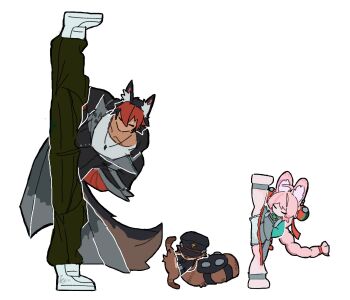 1boy 1girl 1other accessories animal animal_ear_fluff animal_ears animal_feet ankleband arms_behind_back black_hair black_hat black_jacket cargo_pants closed_eyes collarbone commentary dog_boy dog_ears dog_tail ear_piercing english_commentary furry furry_female green_pants green_shirt hair_between_eyes hair_ornament hat jacket jewelry kamanosuke_(zenless_zone_zero) kba_000 komano_manato leg_up legs_apart long_hair medallion multicolored_hair muscular muscular_male necklace no_mouth o-ring_necktie pants pectorals piercing pink_fur pink_hair rabbit_girl red_hair scar scar_across_eye scar_on_face screw shirt shoes short_hair shorts simple_background standing standing_on_one_leg tail tanuki twintails white_background white_shirt white_shoes white_shorts zenless_zone_zero zhao_(zenless_zone_zero)