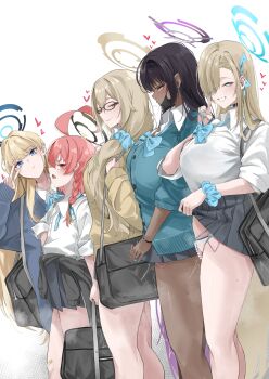 5girls absurdres ahoge akane_(blue_archive) akane_(school_uniform)_(blue_archive) angry asuna_(blue_archive) asuna_(school_uniform)_(blue_archive) bag black-framed_eyewear black_choker black_hair black_halo black_skirt blonde_hair blue_archive blue_bow blue_bowtie blue_cardigan blue_eyes blue_halo blue_ribbon blue_scrunchie blunt_bangs blush bow bowtie breasts brown_cardigan cardigan choker cleaning_&amp;_clearing_(blue_archive) closed_mouth clothes_lift collared_shirt commentary dark-skinned_female dark_skin embarrassed english_commentary grin hair_between_eyes hair_over_one_eye hair_ribbon halo happy highres holding holding_bag huge_ahoge huge_breasts implied_after_sex karin_(blue_archive) karin_(school_uniform)_(blue_archive) large_breasts long_hair long_sleeves looking_at_viewer mask miniskirt miz_blank mouth_mask multicolored_hair multiple_girls neck_ribbon neru_(blue_archive) neru_(school_uniform)_(blue_archive) official_alternate_costume open_mouth orange_hair panties purple_hair purple_halo pussy_juice red_eyes ribbon school_uniform scrunchie sex_toy shiny_skin shirt shoulder_bag simple_background skirt skirt_lift small_breasts smile standing thighs toki_(blue_archive) toki_(school_uniform)_(blue_archive) two-tone_hair underwear v very_long_hair vibrator white_background white_panties white_shirt yellow_eyes yellow_halo