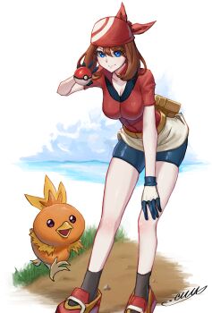 1girl bandana bike_shorts bird black_socks blue_eyes blue_shorts blush breasts brown_hair cleavage closed_mouth collarbone commentary_request fanny_pack gen_3_pokemon gloves highres holding holding_poke_ball large_breasts leaning_forward looking_at_viewer m.m_(mmitsu_93) may_(pokemon) medium_hair nintendo open_mouth poke_ball poke_ball_(basic) pokemon pokemon_(creature) pokemon_rse red_bandana red_shirt shirt shoes shorts smile socks torchic