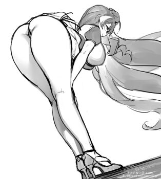 1girl ass bent_over breasts drill_hair floating_hair from_behind greyscale hair_bun hand_on_own_knee high_heels highres jacket large_breasts long_hair looking_at_viewer looking_back macross macross_delta mikumo_guynemer monochrome panties sasanoneko smile solo underwear very_long_hair