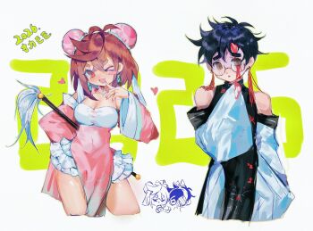 1boy 1girl 2026 ahoge alternate_costume ayase_momo bandaged_head bandages bare_shoulders black_dress black_hair blood blood_on_face blush_stickers breasts brown_eyes brown_hair bun_cover chibi chibi_inset cleavage cowboy_shot cropped_legs crossed_bangs dandadan de557777 detached_sleeves double_bun dress earrings finger_to_mouth glasses hair_between_eyes hair_bun hand_on_own_hip highres jewelry medium_breasts medium_hair open_mouth parted_lips pelvic_curtain pink_dress pink_sleeves round_eyewear short_hair single_blush_sticker smile takakura_ken_(dandadan) thick_eyebrows white_sleeves