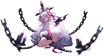 Rule 34 | 1girl, armpits, arms up, babydoll, barefoot, bat (animal), bound, bound ankles, breasts, candle, chain, choker, cleavage, clothes lift, cowlick, cross, cross pendant, cuffed, cuffs, diamond (shape), dress, dress lift, feet, full body, game cg, hair between eyes, heart, heart-shaped pupils, highres, latin cross, lilith (oath) (poker fate), lilith (poker fate), long hair, looking at viewer, multicolored hair, nahaki, non-web source, official alternate costume, official art, open mouth, poker fate, red eyes, red hair, red ribbon, restrained, ribbon, saliva, saliva trail, shackles, small breasts, solo, spiked choker, spikes, streaked hair, symbol-shaped pupils, teeth, upper teeth only, very long hair, white babydoll, white hair