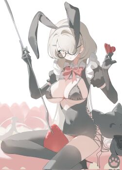 1girl :&lt; animal_ears bikini black-framed_eyewear black_bikini black_dress black_gloves black_thighhighs bow bowtie breast_cutout breasts candy chocolate chocolate_heart closed_mouth commission corrupted_twitter_file covered_navel dress elbow_gloves fake_animal_ears food fork fruit glasses gloves grey_hair hair_ornament hair_over_one_eye hairclip heart heart-shaped_food highres holding holding_food large_breasts long_hair looking_at_viewer oh_(aung_ae) original oversized_object puffy_short_sleeves puffy_sleeves short_sleeves solo strawberry stuffed_animal stuffed_cat stuffed_toy swimsuit thighhighs very_long_hair