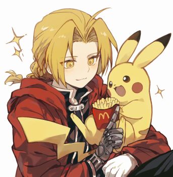 1boy absurdres ahoge blonde_hair blush_stickers braid cloak color_connection commentary_request curtained_hair edward_elric food french_fries fullmetal_alchemist gen_1_pokemon hair_intakes highres long_hair male_focus mcdonald&#039;s mechanical_hands nintendo open_mouth pikachu pokemon prosthesis prosthetic_arm red_cloak simple_background single_mechanical_hand solo sparkle white_background xue_ezi yellow_eyes