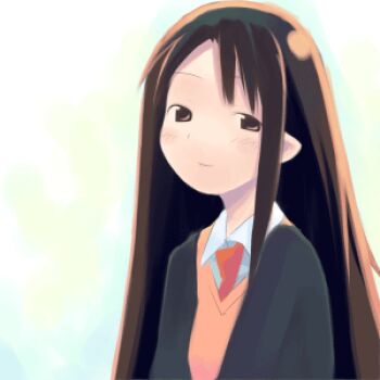 1girl archived_source asami_natsuhito black_sleeves brown_eyes brown_hair closed_mouth dot_nose harada_takehito_(style) light_smile long_hair long_sleeves looking_at_viewer lowres no_lineart orange_sweater_vest original pointy_ears simple_background single_sidelock straight_hair sweater_vest white_background
