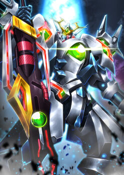 fumizuki_homura ginsoukikou_ordian glowing glowing_eyes green_eyes heterochromia highres holding holding_sword holding_weapon looking_at_viewer mecha no_humans ordian red_eyes robot science_fiction solo super_robot sword v-fin weapon