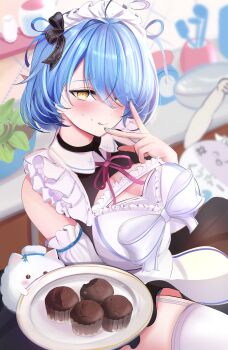 Rule 34 | 1girl, absurdres, ahoge, apron, aqua nails, blue hair, blurry, blurry background, blush, breasts, cleavage, cleavage cutout, closed mouth, clothing cutout, colored tips, commentary request, cupcake, elf, fingernails, food, frilled apron, frills, hair over one eye, heart, heart ahoge, highres, holding, holding plate, hololive, large breasts, looking at viewer, multicolored hair, nail polish, plate, pointy ears, smile, thighhighs, virtual youtuber, waniwani (wasabiwaniwani), white apron, white thighhighs, yellow eyes, yukihana lamy, yukimin (yukihana lamy)