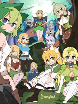 6+girls absurdres artist_name blonde_hair blue_eyes bongftah boroboro_no_elf-san_wo_shiawase_ni_suru_kusuri_uri-san braid breasts cleavage closed_mouth commentary crossover deedlit dungeon_meshi dungeon_ni_deai_wo_motomeru_no_wa_machigatteiru_darou_ka elbow_gloves elf emilia_(re:zero) forest frieren gloves goblin_slayer! green_hair green_hairband grey_hair hairband high_elf_archer_(goblin_slayer!) highres holding holding_staff isekai_maou_to_shoukan_shoujo_no_dorei_majutsu leafa_(sao) long_hair mage_staff marcille_donato multiple_crossover multiple_girls mushoku_tensei nature nintendo open_mouth outdoors pointy_ears ponytail princess_zelda re:zero_kara_hajimeru_isekai_seikatsu record_of_lodoss_war reszurre ryu_lion shera_l._greenwood sitting sousou_no_frieren staff standing sword_art_online sylphiette_(mushoku_tensei) symbol-only_commentary the_legend_of_zelda the_legend_of_zelda:_tears_of_the_kingdom thighhighs tree twintails white_thighhighs