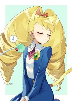 Rule 34 | 1girl, animal ears, blonde hair, blush, cat ears, cat tail, cat teaser, closed eyes, drill hair, highres, kemonomimi mode, long hair, luna platz (mega man), mega man (series), mega man star force (series), modela (baka x orange), school uniform, sitting, spoken sweatdrop, sweatdrop, tail, twin drills, two-tone background, very long hair