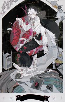 1boy absurdres analog_clock ascot balance_scale barefoot bird bird_brooch black_background black_cape black_corset black_hair black_robe border borrowed_character brooch bug butterfly candle candlestand cape chalice clock closed_mouth coin commission corset cup disembodied_eye dove earrings expressionless final_fantasy final_fantasy_xiv fish_skeleton food framed_insect frilled_robe frilled_shirt frilled_shirt_collar frilled_sleeves frills fruit full_body gold_coin grey_eyes hai_yexing_ren hair_between_eyes halo hand_up heart-shaped_gem heterochromia highres holding holding_scale hyur infinity_symbol insect invisible_chair jewelry long_sleeves looking_at_viewer male_focus multicolored_hair murrtecys_ansuz necklace original outside_border picture_frame planted planted_sword planted_weapon pomegranate robe scar scar_on_face seashell shell shirt short_hair single_earring sitting solo stabbed_heart sword tarot three_of_swords treasure_chest two-sided_cape two-sided_fabric two-tone_hair unworn_jewelry unworn_necklace warrior_of_light_(ff14) watermark weapon weighing_scale white_ascot white_border white_cape white_hair white_shirt yellow_eyes