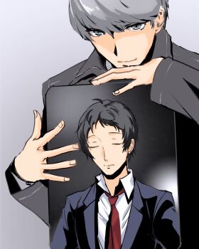Rule 34 | 2boys, adachi tooru, ajirostudio, black hair, black jacket, closed eyes, closed mouth, collared shirt, commentary request, formal clothes, grey background, grey eyes, grey hair, grey jacket, highres, holding, jacket, long sleeves, male focus, multiple boys, narukami yu, necktie, persona, persona 4, red necktie, shirt, short hair, simple background, smile, suit, upper body, white shirt