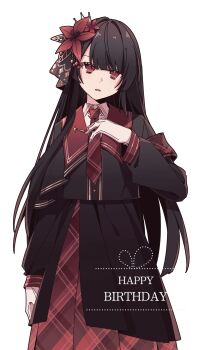 1girl armband artist_request black_hair black_shirt black_skirt chinese_commentary collared_shirt commentary_request commission cowboy_shot crown flower hair_flower hair_ornament hand_on_own_chest hand_up happy_birthday highres layered_skirt long_hair long_sleeves looking_at_viewer mahou_shoujo_no_majo_saiban necktie nikaido_hiro open_mouth red_armband red_eyes red_flower red_necktie red_skirt second-party_source shirt simple_background skirt solo standing white_background