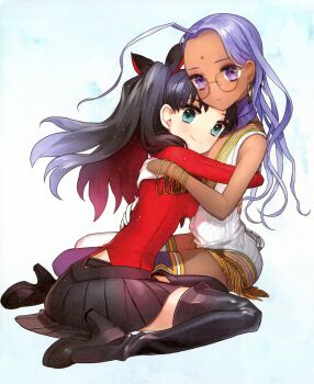 10s 2girls absurdres bindi black_footwear black_hair black_legwear boots bracelet dark-skinned_female dark_skin earrings facial_mark fate/extra fate/extra_ccc fate_(series) forehead_mark glasses gloves high_heel_boots high_heels highres hug jewelry long_hair multiple_girls mutual_hug official_art purple_eyes purple_hair rani_viii smile thigh_boots thighhighs tohsaka_rin wada_arco white_gloves