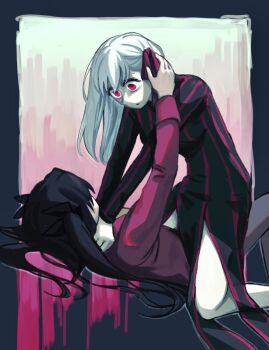 Rule 34 | 2girls, arm up, black border, black dress, black hair, black ribbon, blue background, border, closed mouth, clothes pull, commentary request, corruption, dark persona, dark sakura, dress, fate/stay night, fate (series), feet out of frame, hair between eyes, hair ribbon, hand on another's head, heaven's feel, highres, hwanm fate, korean commentary, long hair, long sleeves, looking at another, looking down, matou sakura, multiple girls, outside border, pale skin, pantyhose, pantyhose pull, pink background, pink eyes, pink ribbon, pink sweater, ribbon, siblings, strangling, striped clothes, striped dress, sweater, tohsaka rin, two-tone background, two side up, white hair, wide-eyed