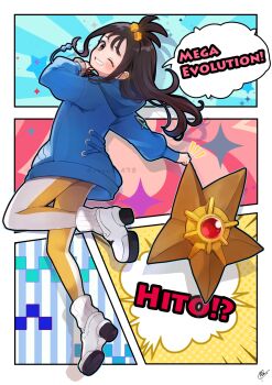 1girl blue_hoodie blush bracelet commentary_request earclip gen_1_pokemon grey_eyes grin hand_up highres hood hood_down hoodie jewelry leggings lida_(pokemon) long_sleeves nintendo one_eye_closed pecco_(pecco297) pokemon pokemon_(creature) pokemon_legends:_z-a ribbed_socks shoes smile socks speech_bubble staryu teeth white_shoes white_socks