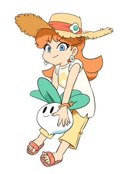 1girl brown_hair earrings floral_print flower_earrings hat jewelry junnosu long_hair mario_(series) nail_polish nintendo princess_daisy sandals shirt simple_background smile straw_hat turnip_(mario) white_background