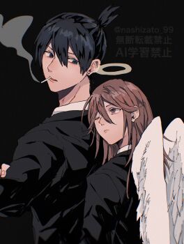 2boys angel_devil_(chainsaw_man) angel_wings black_background black_hair black_jacket brown_hair chainsaw_man cigarette collared_shirt crossed_arms earrings feathered_wings hair_between_eyes halo hayakawa_aki highres jacket jewelry long_hair looking_at_another male_focus medium_hair multiple_boys nashizato_(99) one_eye_closed parted_lips ponytail shirt short_ponytail smoke smoking suit_jacket twitter_username upper_body white_shirt white_wings wings yaoi