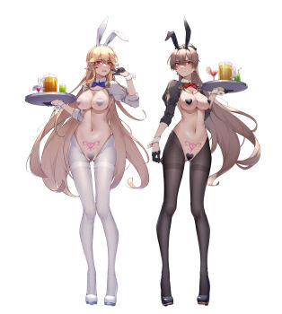 2girls absurdres alternate_costume animal_ears arm_cutout arm_up azur_lane black_footwear black_gloves black_pantyhose blonde_hair blue_bow blue_bowtie blush bow bowtie breasts brown_hair censored cleavage clothing_cutout commentary_request covered_erect_nipples detached_collar earrings fake_animal_ears gloves gluteal_fold hair_between_eyes half_gloves heart heart_censor heart_maebari high_heels high_ponytail highres holding holding_tray jean_bart_(azur_lane) jewelry large_breasts long_hair maebari multiple_girls navel pantyhose ponytail pubic_tattoo rabbit_ears red_bow red_bowtie red_eyes reverse_bunnysuit reverse_outfit richelieu_(azur_lane) simple_background strapless tattoo thigh_gap thighband_pantyhose tray v white_background white_footwear white_pantyhose wrist_cuffs wsfw