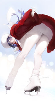 1girl absurdres ass bent_over blue_eyes blue_hair breasts coat commentary english_commentary from_behind full_body fur_coat fur_hat gloves hat highres hololive hololive_english ice_skates large_breasts long_hair long_sleeves looking_at_another looking_at_viewer looking_back lyusiola ouro_kronii panties pantyhose red_coat skates solo sweater thighband_pantyhose turtleneck turtleneck_sweater underwear v virtual_youtuber white_gloves white_hat white_panties