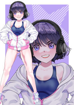 1girl absurdres arion_canvas bishoujo_senshi_sailor_moon blunt_bangs blunt_ends breasts highres jacket lips open_clothes purple_eyes purple_hair shoes short_hair small_breasts smile sneakers solo swimsuit tomoe_hotaru white_jacket