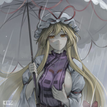1girl absurdres areola_slip blonde_hair blush bow breasts commentary dress edz_drawz english_commentary hat highres large_breasts long_hair long_sleeves looking_at_viewer mob_cap purple_dress purple_eyes purple_tabard rain red_bow ribbon solo tabard touhou umbrella upper_body wet wet_clothes wide_sleeves yakumo_yukari