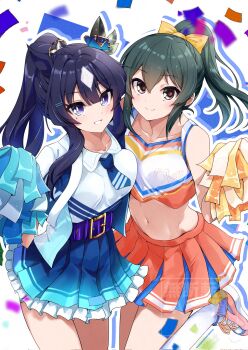 2girls animal_ears bare_shoulders belt blue_eyes blue_hair blue_necktie blue_skirt blush breasts brown_eyes cheerleader closed_mouth collarbone collared_shirt commentary_request confetti cropped_shirt ear_covers green_hair hair_between_eyes highres holding holding_pom_poms horse_ears horse_girl idolmaster idolmaster_cinderella_girls jacket long_hair looking_at_viewer medium_breasts midriff mole mole_under_eye multicolored_hair multiple_girls navel necktie ohishi_izumi open_clothes open_jacket open_mouth orange_skirt outside_border paopao pom_pom_(cheerleading) pom_poms ponytail purple_belt shirt shoes single_ear_cover skirt sleeveless sleeveless_shirt smile socks umamusume verxina_(umamusume) white_jacket white_shirt white_socks
