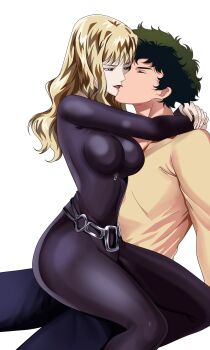 1boy 1girl belt blonde_hair blue_eyes catsuit closed_eyes couple cowboy_bebop curly_hair green_hair julia_(cowboy_bebop) kiss leather spike_spiegel