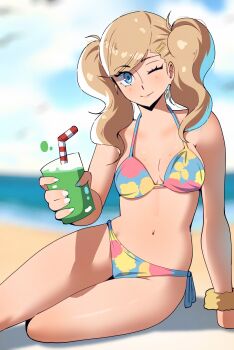 1girl ;) absurdres arm_support beach bikini blonde_hair blue_bikini blue_eyes blue_sky blurry blurry_background breasts commentary cup day drink drinking_straw english_commentary gjh highres holding holding_cup holding_drink looking_at_viewer navel one_eye_closed outdoors persona persona_5 persona_5_the_royal side-tie_bikini_bottom sky small_breasts smile solo stomach swimsuit takamaki_anne twintails