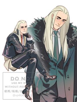 Rule 34 | 1boy, black boots, black coat, black gloves, blonde hair, blue eyes, boots, closed mouth, coat, collared shirt, commentary request, cowboy shot, crossed legs, full body, fur-trimmed coat, fur trim, gloves, grey pants, head on hand, light smile, long hair, looking at viewer, male focus, multiple views, necktie, pants, red necktie, shirt, sitting, solo, tatsumi (psmhbpiuczn), the hobbit, thick eyebrows, thigh boots, thranduil, tolkien's legendarium, white background, white shirt