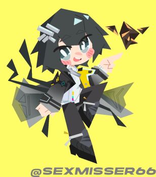 Rule 34 | 1girl, arknights, arknights: endfield, artist name, black hair, black jacket, black pants, black shoes, block heels, blush, chibi, chibi only, chinese commentary, commentary request, endministrator (arknights), english text, eyebrows hidden by hair, female endministrator (arknights), full body, gradient clothes, grey eyes, grey jacket, hair ornament, hairpin, hand under clothes, hand under shirt, head tilt, jacket, long sleeves, looking at viewer, medium hair, multicolored jacket, nose shade, open mouth, pants, pointing, pointing forward, see-through clothes, sexmiss, shirt, shoes, shoulder strap, smile, solo, strap, sweater, teeth, turtleneck, turtleneck sweater, twitter username, two-tone jacket, upper teeth only, white shirt, white sweater, yellow background