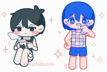 Rule 34 | 2boys, antenna hair, artist name, black eyes, black hair, black shorts, black tank top, blush stickers, checkered clothes, chibi, chibi only, closed mouth, colored skin, commentary, cup, double-parted bangs, drink carton, drinking straw, fang, grey background, hair between eyes, holding, holding cup, holding drink carton, holding juice box, hoshidashiki, juice box, kel (headspace) (omori), kel (omori), looking at viewer, male focus, mug, multiple boys, omori, omori (omori), purple eyes, purple hair, purple shorts, short hair, shorts, simple background, smile, striped clothes, striped shorts, tank top, twitter username, two-tone shorts, vertical-striped clothes, vertical-striped shorts, white shorts, white skin