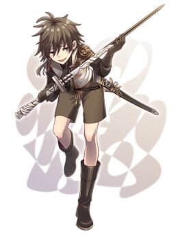 1boy :d absurdres ascot belt black_ascot black_belt black_boots black_gloves black_shirt boots brown_eyes brown_hair brown_shorts commentary_request dito_(drag-on_dragoon) drag-on_dragoon drag-on_dragoon_3 drawstring gloves hair_between_eyes highres holding holding_sword holding_weapon knee_boots leaning_forward long_sleeves looking_at_viewer male_focus medium_hair open_mouth scabbard sheath shirt shorts shoulder_guard smile solo standing standing_on_one_leg sword tamakingx422x unsheathed vest weapon white_background white_vest