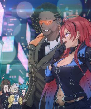 1boy 4girls aqua_hair black_gloves black_hair black_jacket black_shirt blue_eyes blue_sailor_collar breasts brown_coat brown_eyes brown_hair cardigan character_request city_lights cityscape cleavage coat collared_shirt dark-skinned_male dark_skin dreadlocks facial_hair gloves grin highres horns jacket kaori_yuihara large_breasts long_hair multiple_girls navel open_mouth orange-tinted_eyewear purple_eyes red_hair sailor_collar shadowverse shadowverse:_worlds_beyond shirt smile stubble teeth tinted_eyewear watana_pe white_shirt yellow_cardigan