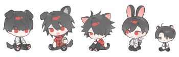 3o03 5boys absurdres animal_ears animal_hands ariake_(ooe) bear_ears black_hair black_necktie black_pants cat_boy cat_ears cat_tail chibi chinese_clothes closed_mouth daiba_shizuma dog_boy dog_ears dog_tail gloves hair_over_one_eye highres kemonomimi_mode male_focus multiple_boys necktie oosaki_(ooe) open_mouth pants paw_gloves paw_shoes rabbit_boy rabbit_ears rabbit_tail red_eyes red_shirt shinagawa_zakuro shinbashi_(ooe) shirt short_hair simple_background sitting smile tail white_background white_shirt